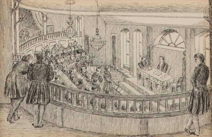 Historisk tegning av et møte i den gamle stortingssalen.