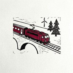 Linosnitt: tog på bro